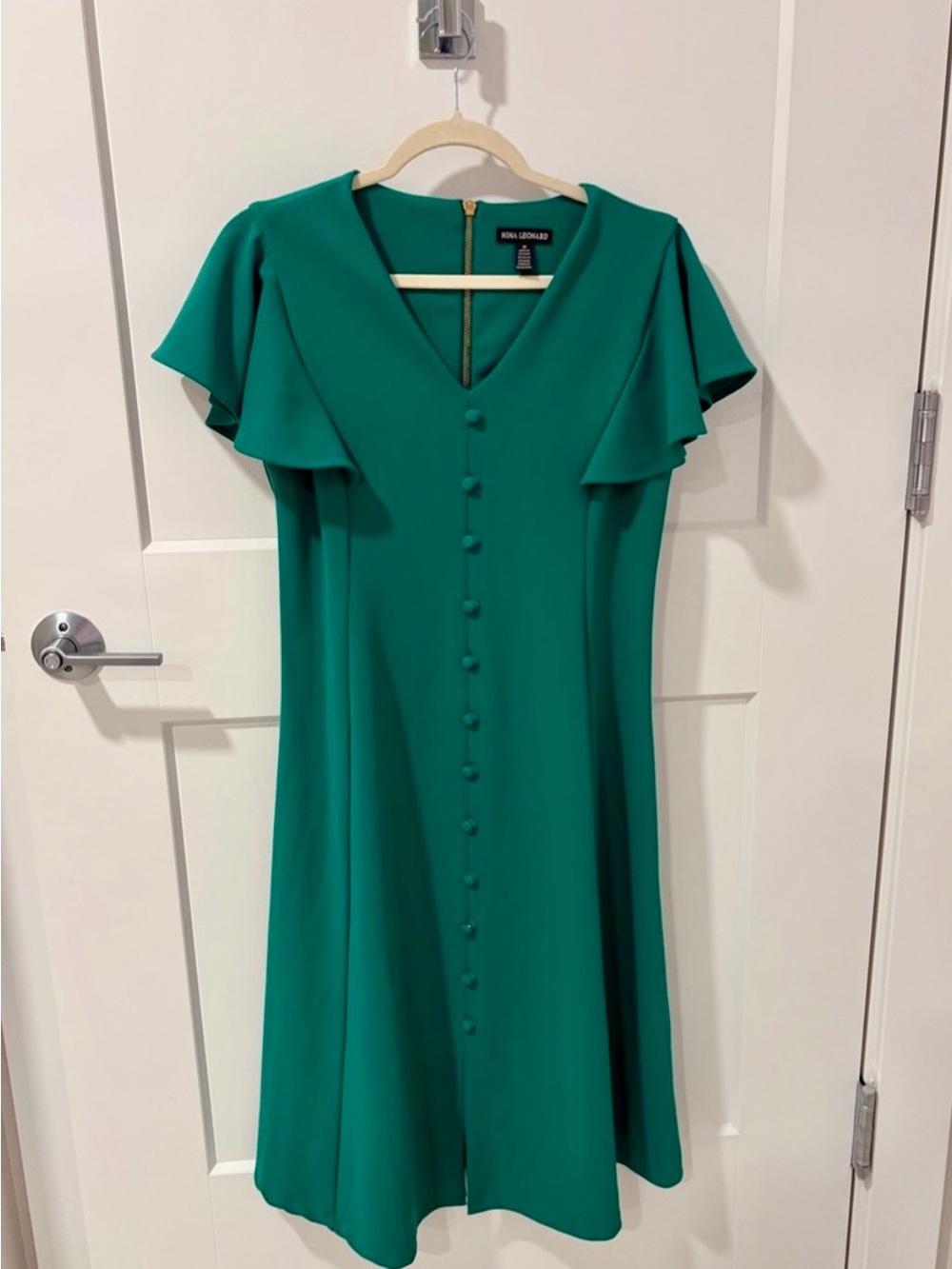 Nina Leonard Emerald Green Button-Front Midi Dress